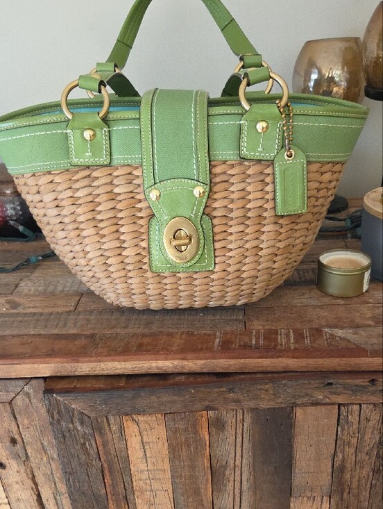 Coach Handbags - Coach Legacy Woven Straw Basket Tote With Green Trim
